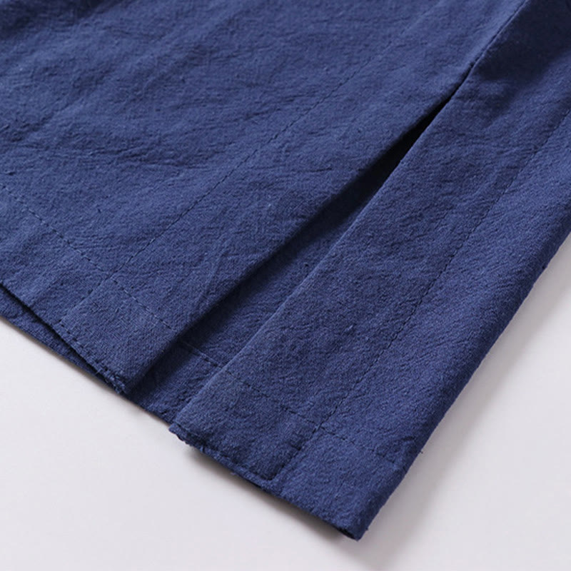 Chemise homme en coton et lin à manches courtes et un bouton grenouille Buddha Stones de couleur unie