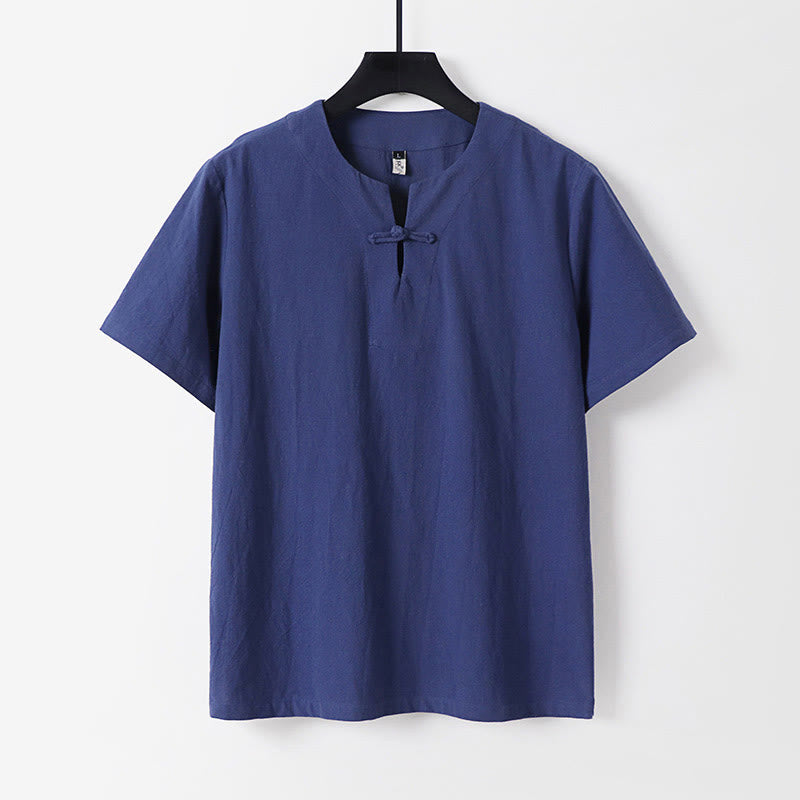 Chemise homme en coton et lin à manches courtes et un bouton grenouille Buddha Stones de couleur unie