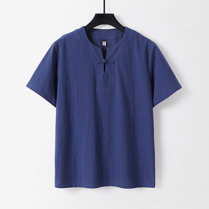 Chemise homme en coton et lin à manches courtes et un bouton grenouille Buddha Stones de couleur unie