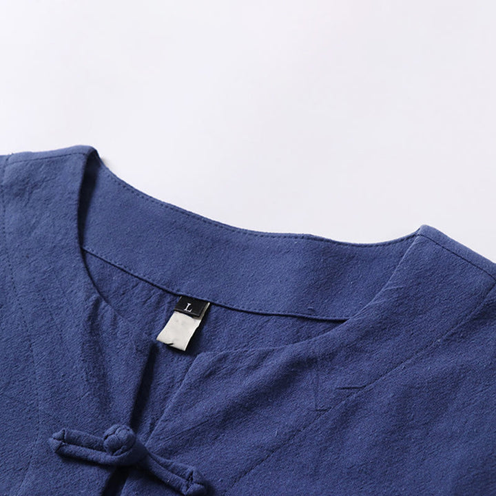 Chemise homme en coton et lin à manches courtes et un bouton grenouille Buddha Stones de couleur unie