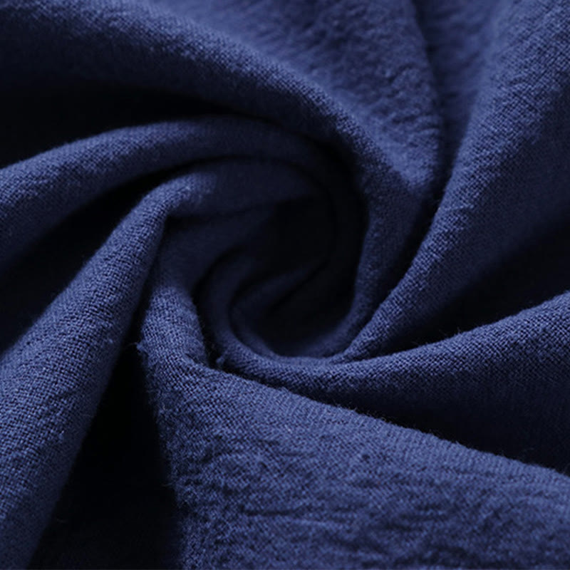 Chemise homme en coton et lin à manches courtes et un bouton grenouille Buddha Stones de couleur unie - image 6