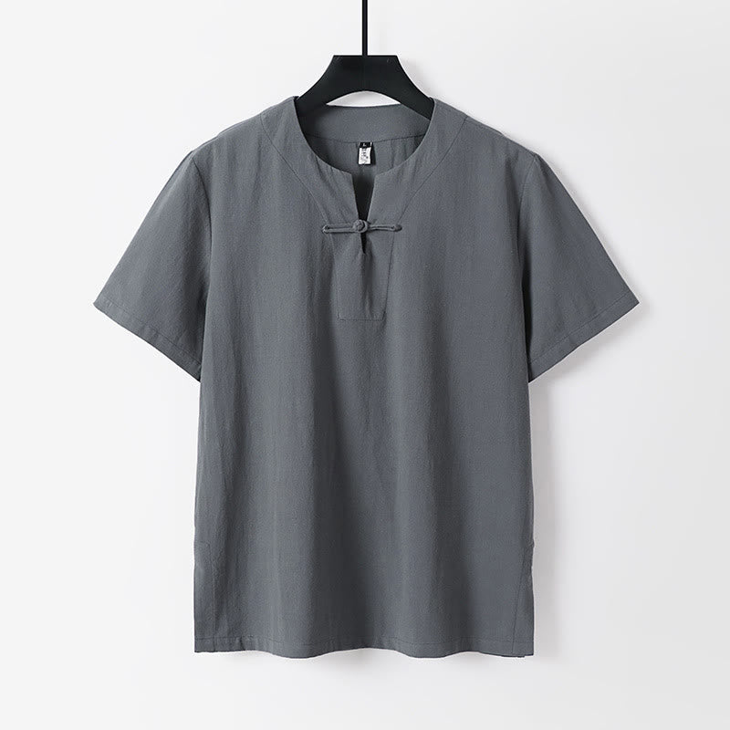 Chemise homme en coton et lin à manches courtes et un bouton grenouille Buddha Stones de couleur unie - Gris - US/UK/AU54，EU64 (9XL) - image 0