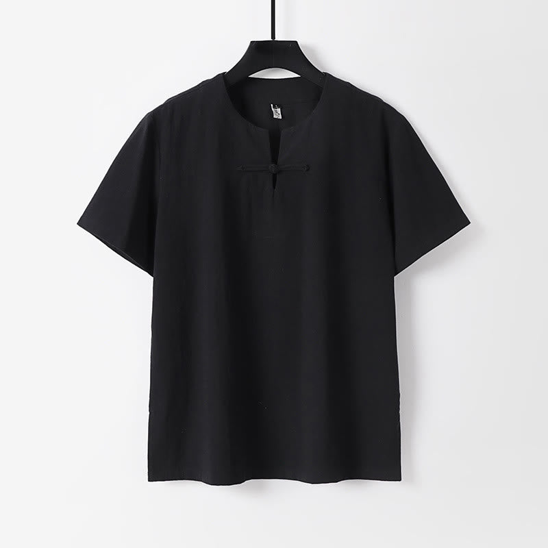 Chemise homme en coton et lin à manches courtes et un bouton grenouille Buddha Stones de couleur unie