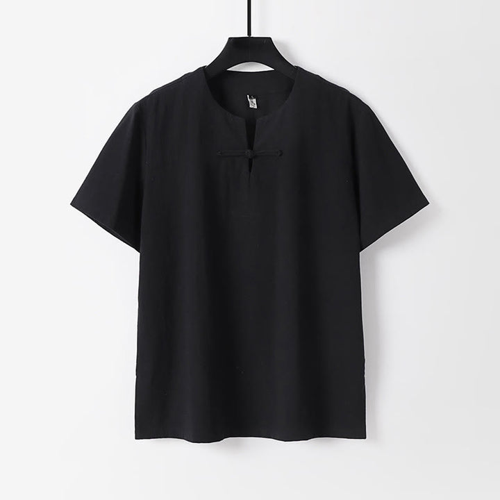 Chemise homme en coton et lin à manches courtes et un bouton grenouille Buddha Stones de couleur unie