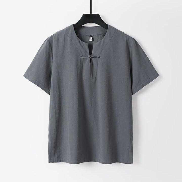 Chemise homme en coton et lin à manches courtes et un bouton grenouille Buddha Stones de couleur unie
