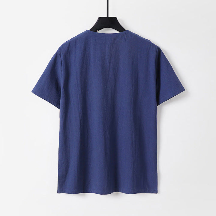 Chemise homme en coton et lin à manches courtes et un bouton grenouille Buddha Stones de couleur unie
