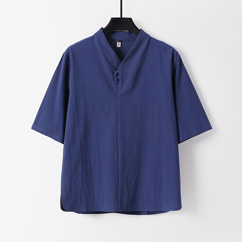 Chemise décontractée en coton et lin pour homme, couleur unie, deux boutons, manches trois-quarts, motif Buddha Stones - Bleu foncé - US/UK/AU54，EU64 (9XL) - image 0