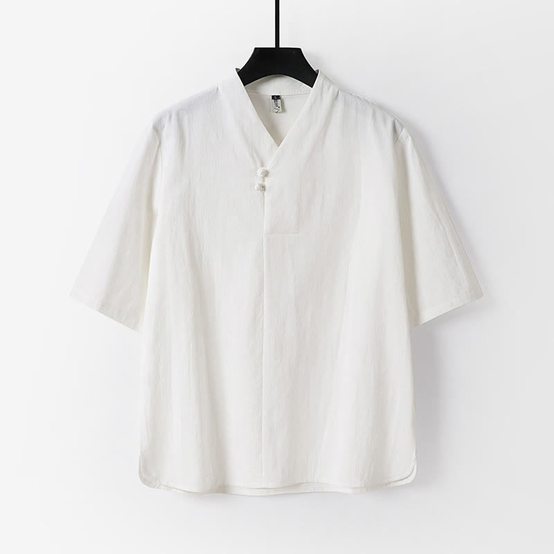 Chemise décontractée en coton et lin pour homme, couleur unie, deux boutons, manches trois-quarts, motif Buddha Stones - Blanc - US/UK/AU54，EU64 (9XL) - image 1
