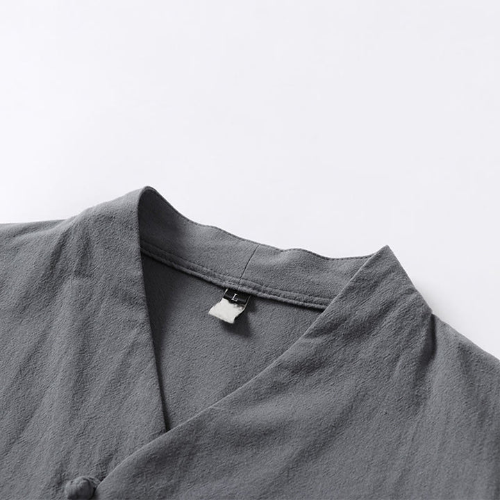 Chemise décontractée en coton à manches trois-quarts et col en V à deux boutons pour homme avec Buddha Stones - image 5