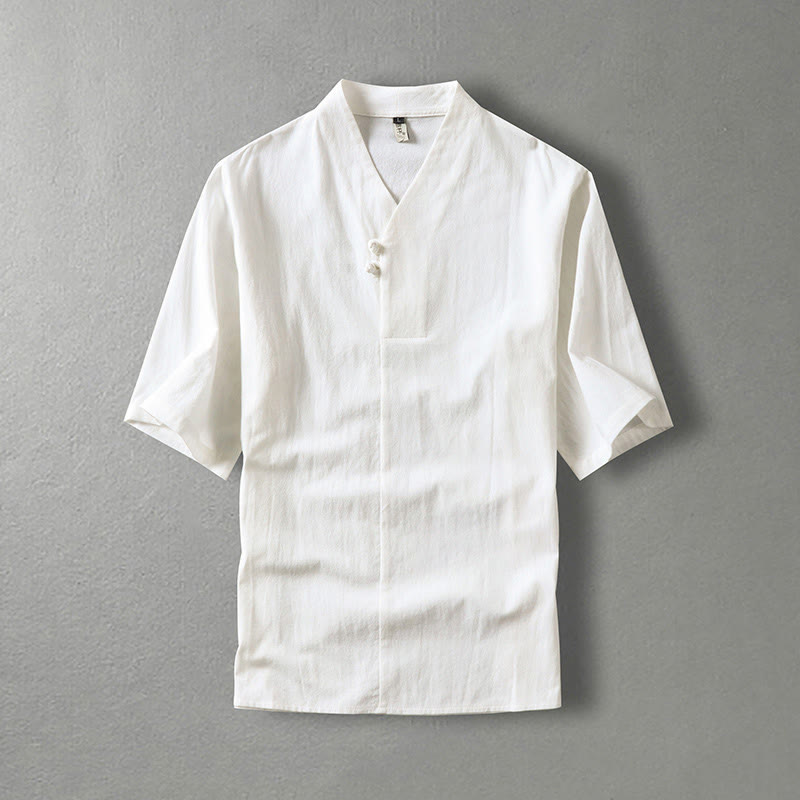 Chemise décontractée en coton à manches trois-quarts et col en V à deux boutons pour homme avec Buddha Stones - Blanc - US/UK/AU54，EU64 (9XL) - image 1