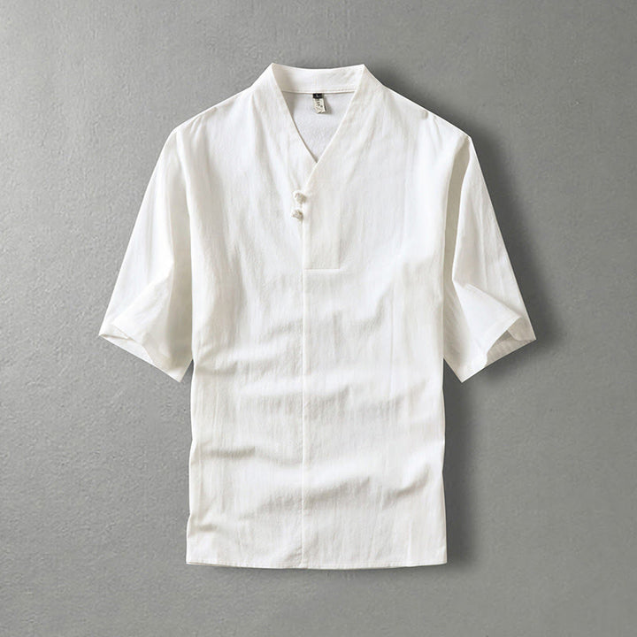 Chemise décontractée en coton à manches trois-quarts et col en V à deux boutons pour homme avec Buddha Stones - Blanc - US/UK/AU54，EU64 (9XL) - image 1