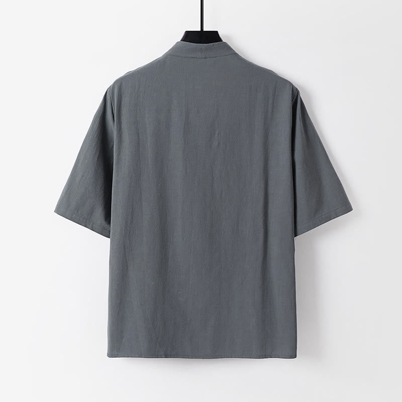 Chemise décontractée en coton à manches trois-quarts et col en V à deux boutons pour homme avec Buddha Stones - image 3