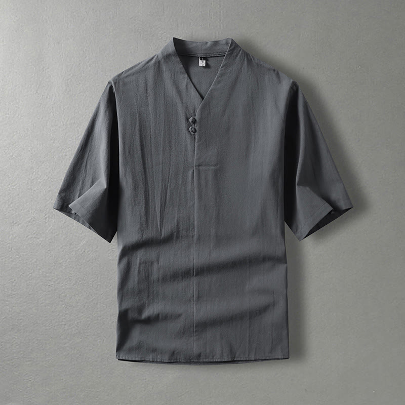 Chemise décontractée en coton à manches trois-quarts et col en V à deux boutons pour homme avec Buddha Stones - Gris - US/UK/AU54，EU64 (9XL) - image 2