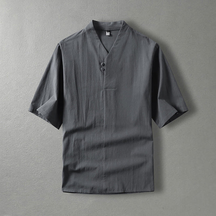 Chemise décontractée en coton à manches trois-quarts et col en V à deux boutons pour homme avec Buddha Stones - Gris - US/UK/AU54，EU64 (9XL) - image 2