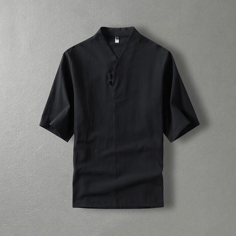Chemise décontractée en coton à manches trois-quarts et col en V à deux boutons pour homme avec Buddha Stones - Noir - US/UK/AU54，EU64 (9XL) - image 4