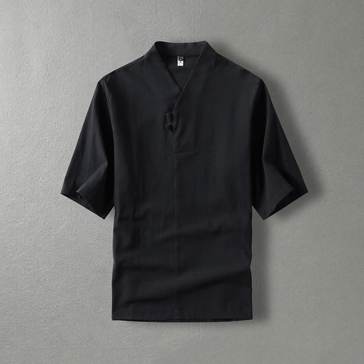 Chemise décontractée en coton à manches trois-quarts et col en V à deux boutons pour homme avec Buddha Stones - Noir - US/UK/AU54，EU64 (9XL) - image 4