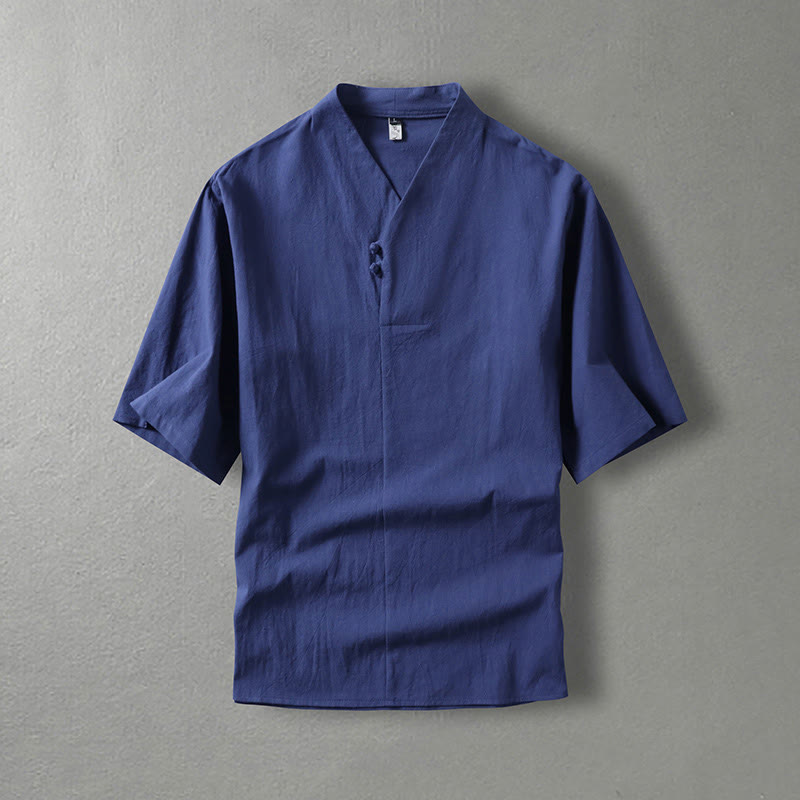 Chemise décontractée en coton à manches trois-quarts et col en V à deux boutons pour homme avec Buddha Stones - Bleu foncé - US/UK/AU54，EU64 (9XL) - image 0
