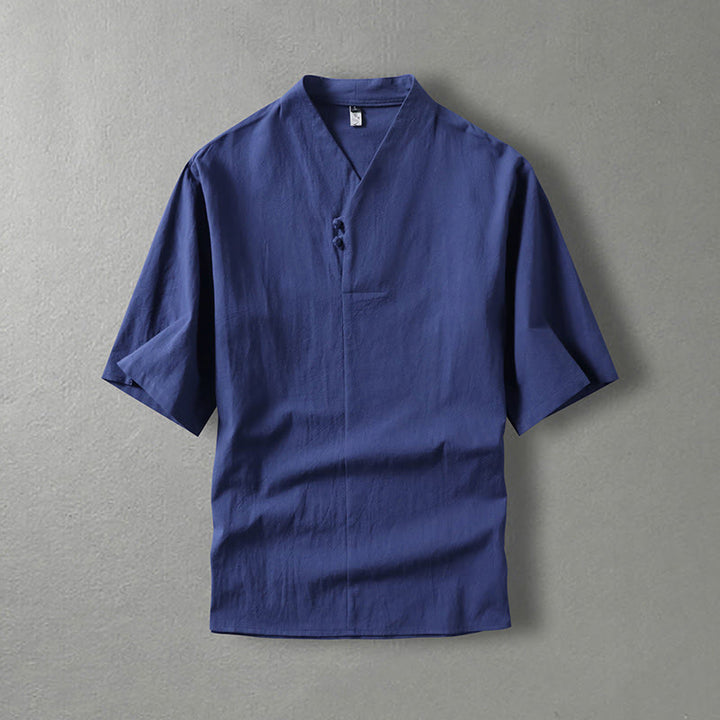 Chemise décontractée en coton à manches trois-quarts et col en V à deux boutons pour homme avec Buddha Stones - Bleu foncé - US/UK/AU54，EU64 (9XL) - image 0