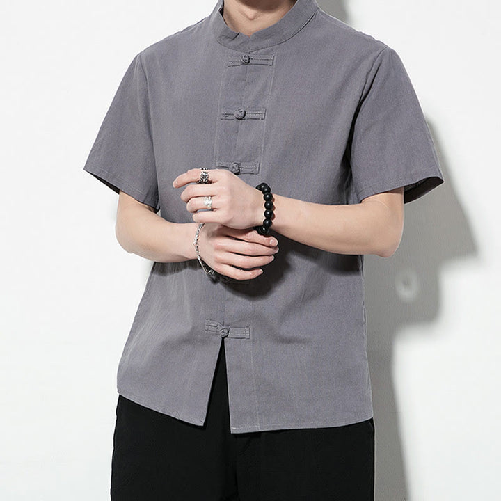 Chemise décontractée en lin à manches courtes pour homme avec boutons de grenouille sur le devant et couleur unie avec Buddha Stones - image 25