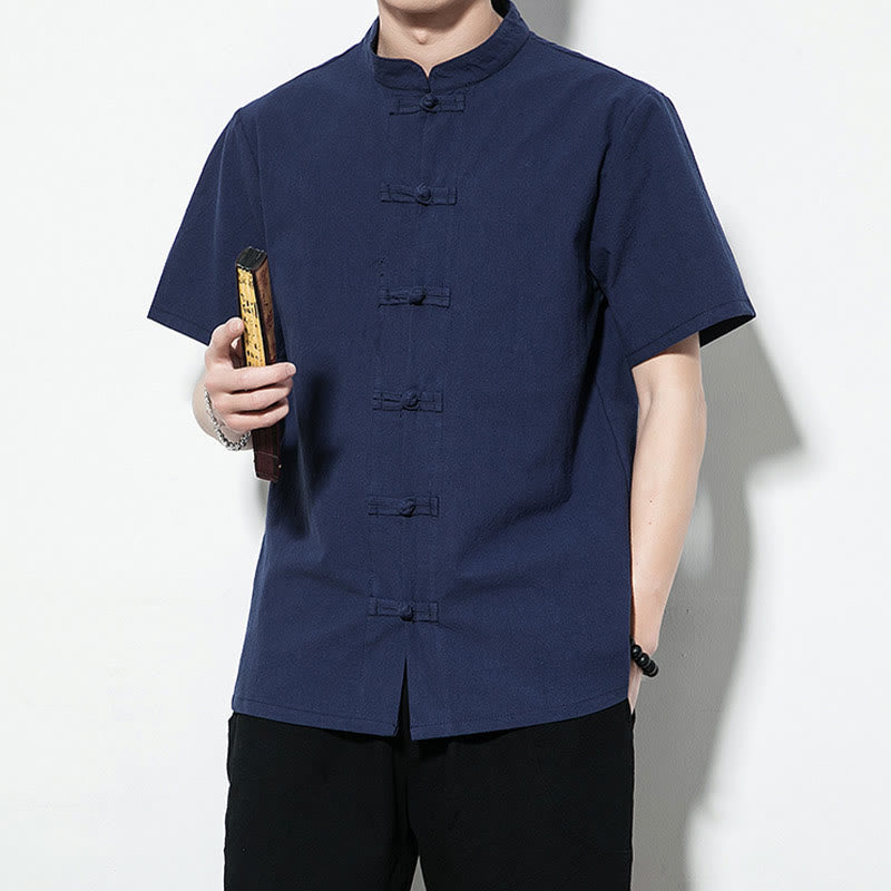 Chemise décontractée en lin à manches courtes pour homme avec boutons de grenouille sur le devant et couleur unie avec Buddha Stones - image 7