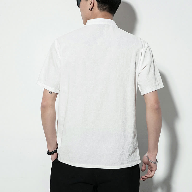 Chemise décontractée en lin à manches courtes pour homme avec boutons de grenouille sur le devant et couleur unie avec Buddha Stones - image 13