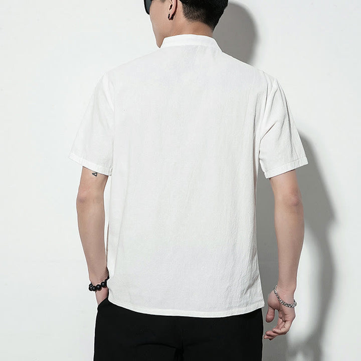 Chemise décontractée en lin à manches courtes pour homme avec boutons de grenouille sur le devant et couleur unie avec Buddha Stones - image 13