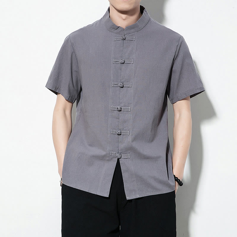 Chemise décontractée en lin à manches courtes pour homme avec boutons de grenouille sur le devant et couleur unie avec Buddha Stones - Gris - US/UK/AU46，EU56 (5XL) - image 22