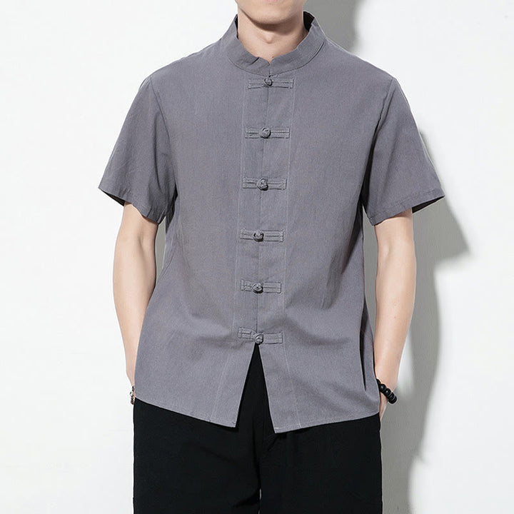 Chemise décontractée en lin à manches courtes pour homme avec boutons de grenouille sur le devant et couleur unie avec Buddha Stones - Gris - US/UK/AU46，EU56 (5XL) - image 22