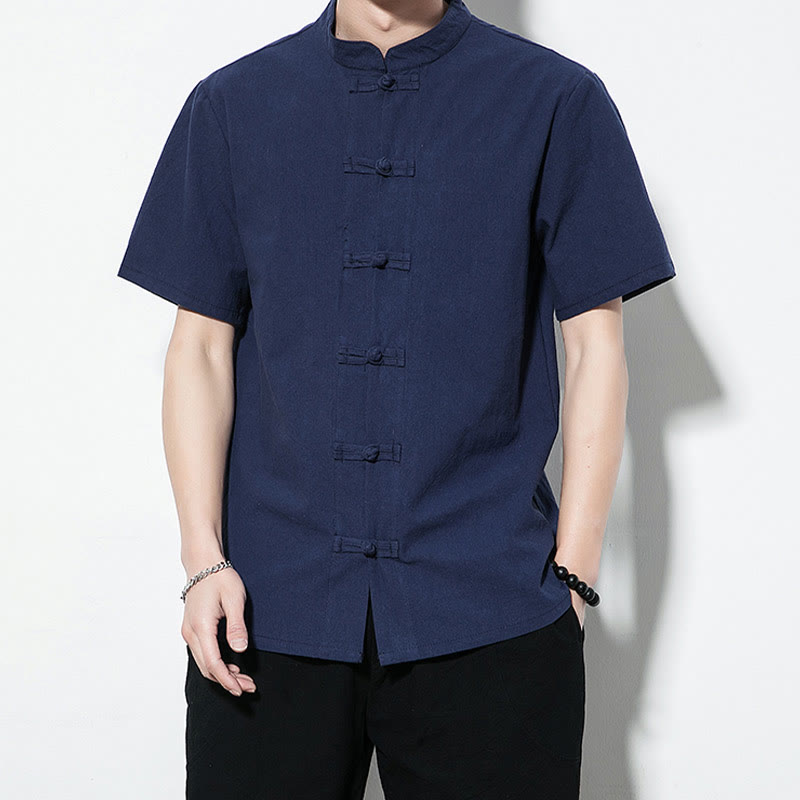 Chemise décontractée en lin à manches courtes pour homme avec boutons de grenouille sur le devant et couleur unie avec Buddha Stones - image 1