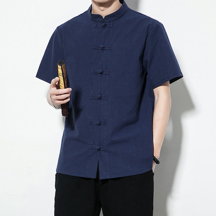 Chemise décontractée en lin à manches courtes pour homme avec boutons de grenouille sur le devant et couleur unie avec Buddha Stones - image 7