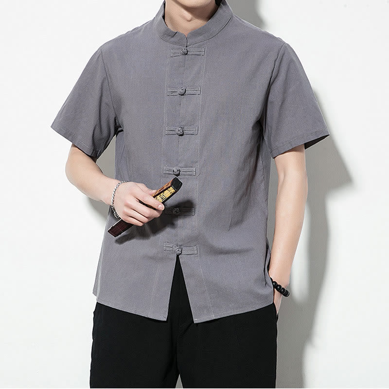Chemise décontractée en lin à manches courtes pour homme avec boutons de grenouille sur le devant et couleur unie avec Buddha Stones - image 27