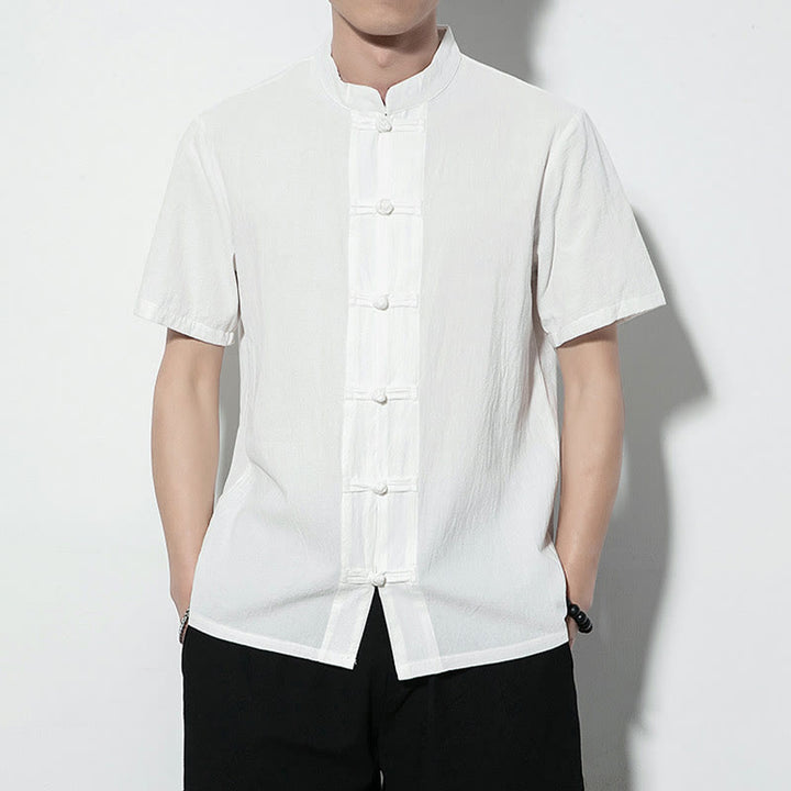 Chemise décontractée en lin à manches courtes pour homme avec boutons de grenouille sur le devant et couleur unie avec Buddha Stones - Blanc - US/UK/AU46，EU56 (5XL) - image 9