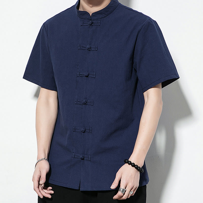 Chemise décontractée en lin à manches courtes pour homme avec boutons de grenouille sur le devant et couleur unie avec Buddha Stones - image 3