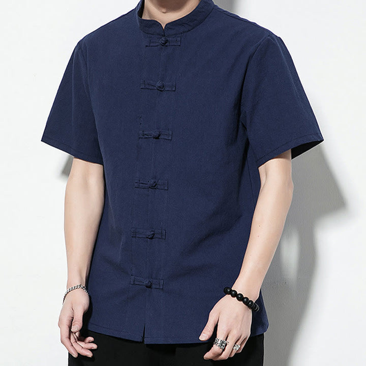 Chemise décontractée en lin à manches courtes pour homme avec boutons de grenouille sur le devant et couleur unie avec Buddha Stones - image 3