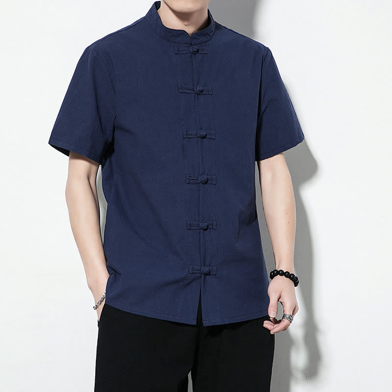 Chemise décontractée en lin à manches courtes pour homme avec boutons de grenouille sur le devant et couleur unie avec Buddha Stones - image 2
