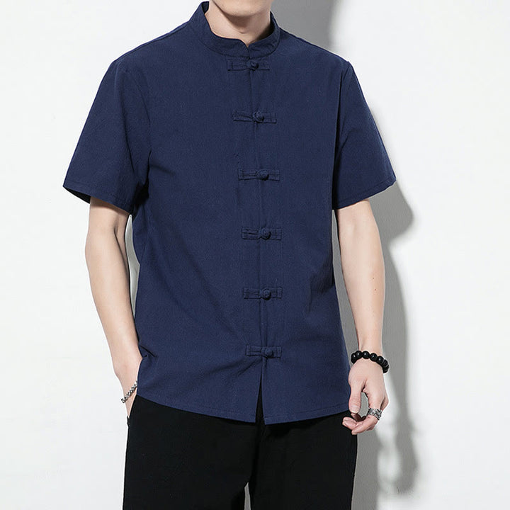 Chemise décontractée en lin à manches courtes pour homme avec boutons de grenouille sur le devant et couleur unie avec Buddha Stones - image 2