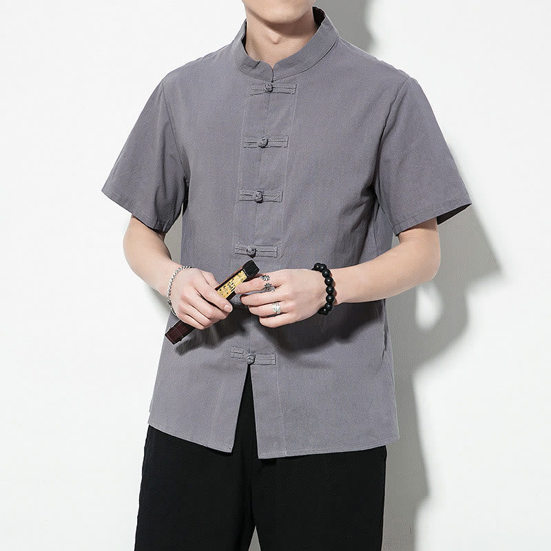 Chemise décontractée en lin à manches courtes pour homme avec boutons de grenouille sur le devant et couleur unie avec Buddha Stones - image 26