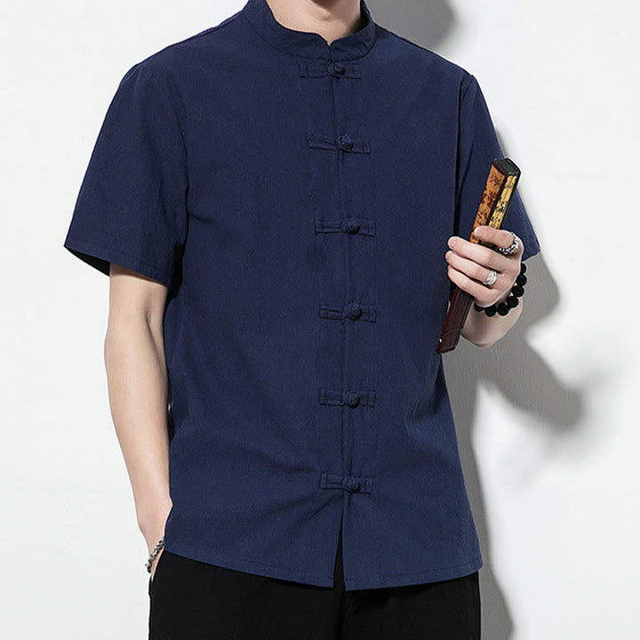 Chemise décontractée en lin à manches courtes pour homme avec boutons de grenouille sur le devant et couleur unie avec Buddha Stones - image 8
