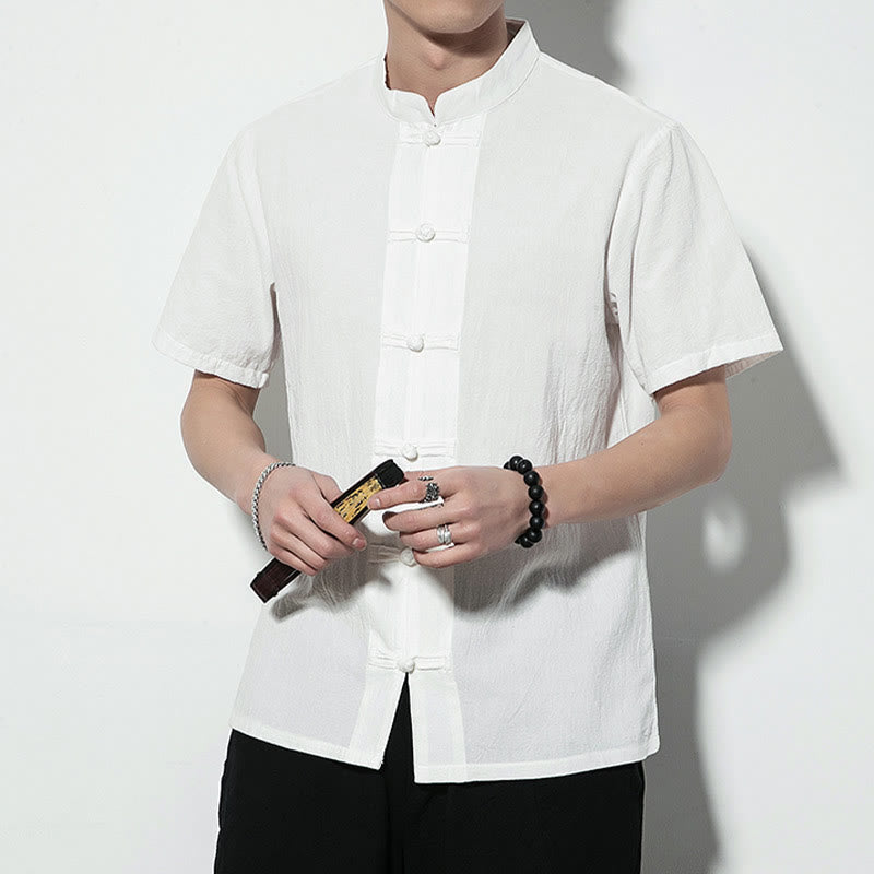 Chemise décontractée en lin à manches courtes pour homme avec boutons de grenouille sur le devant et couleur unie avec Buddha Stones - image 14