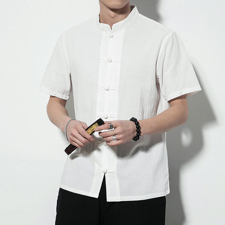 Chemise décontractée en lin à manches courtes pour homme avec boutons de grenouille sur le devant et couleur unie avec Buddha Stones - image 14