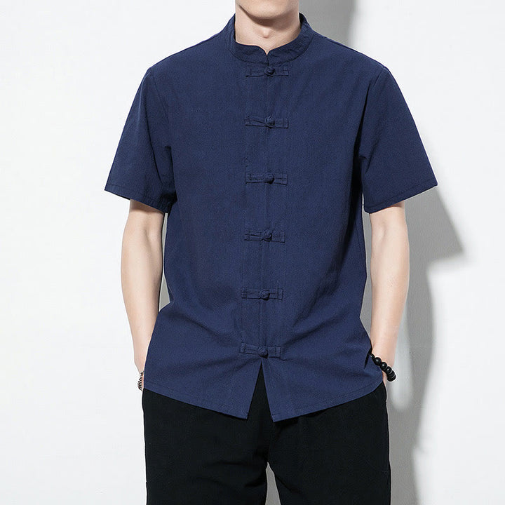 Chemise décontractée en lin à manches courtes pour homme avec boutons de grenouille sur le devant et couleur unie avec Buddha Stones - Bleu foncé - US/UK/AU46，EU56 (5XL) - image 0