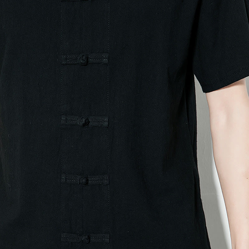 Chemise décontractée en lin à manches courtes pour homme avec boutons de grenouille sur le devant et couleur unie avec Buddha Stones - image 21