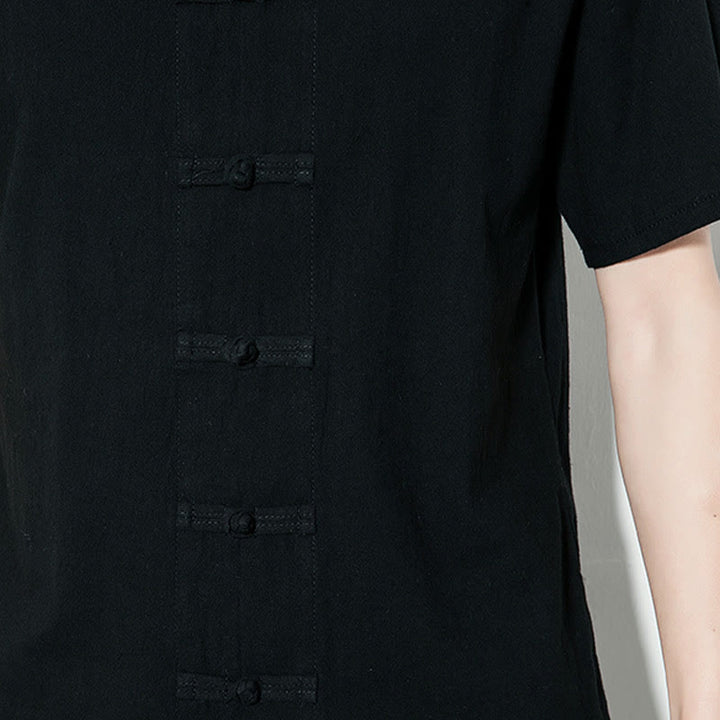 Chemise décontractée en lin à manches courtes pour homme avec boutons de grenouille sur le devant et couleur unie avec Buddha Stones - image 21