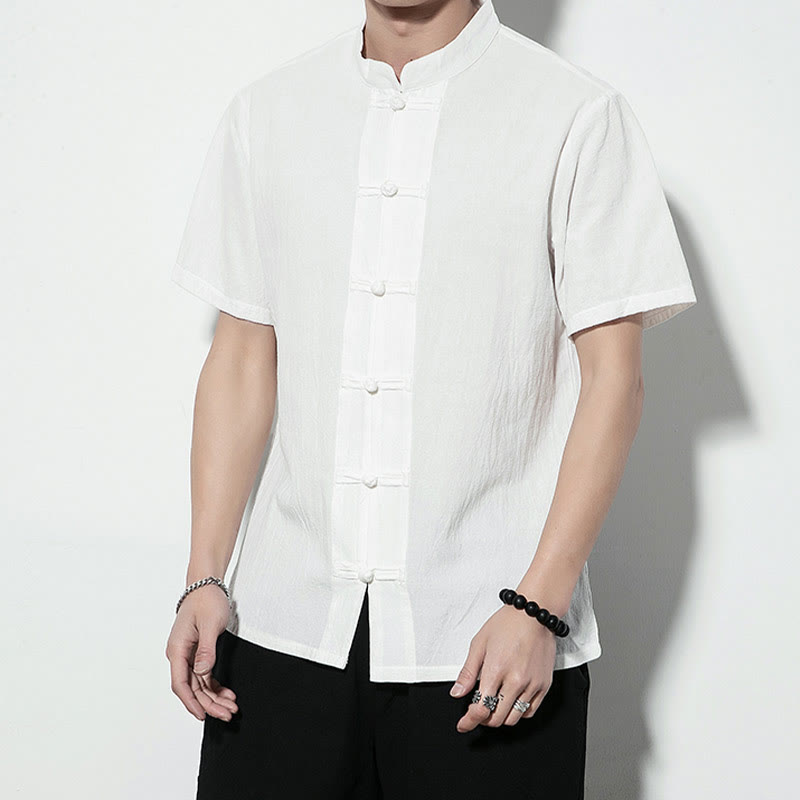 Chemise décontractée en lin à manches courtes pour homme avec boutons de grenouille sur le devant et couleur unie avec Buddha Stones - image 10