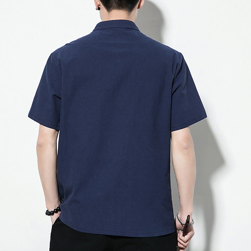 Chemise décontractée en lin à manches courtes pour homme avec boutons de grenouille sur le devant et couleur unie avec Buddha Stones - image 4