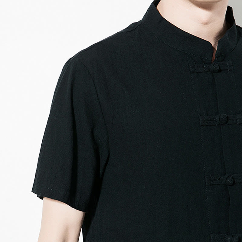 Chemise décontractée en lin à manches courtes pour homme avec boutons de grenouille sur le devant et couleur unie avec Buddha Stones - image 20