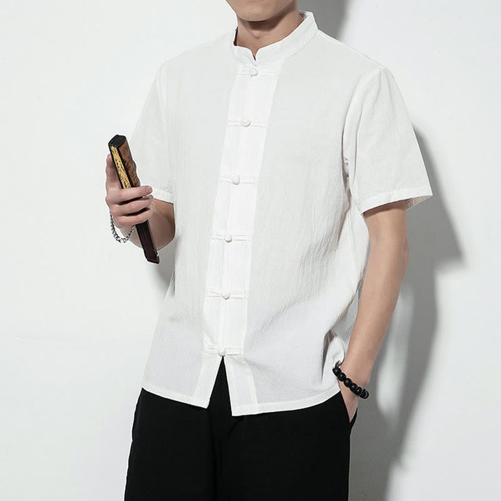 Chemise décontractée en lin à manches courtes pour homme avec boutons de grenouille sur le devant et couleur unie avec Buddha Stones - image 16