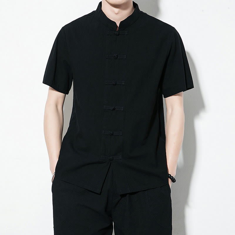 Chemise décontractée en lin à manches courtes pour homme avec boutons de grenouille sur le devant et couleur unie avec Buddha Stones - Noir - US/UK/AU46，EU56 (5XL) - image 17