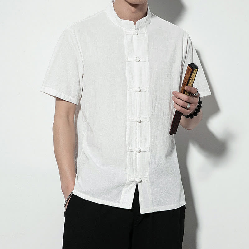 Chemise décontractée en lin à manches courtes pour homme avec boutons de grenouille sur le devant et couleur unie avec Buddha Stones - image 15