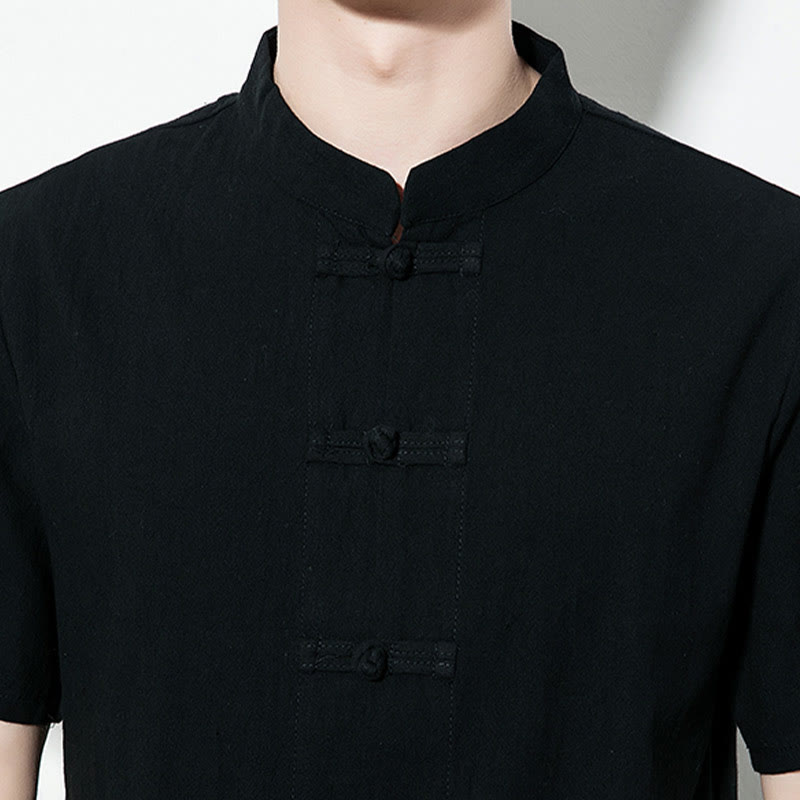 Chemise décontractée en lin à manches courtes pour homme avec boutons de grenouille sur le devant et couleur unie avec Buddha Stones - image 19